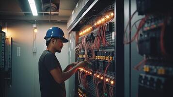 Electrician Engineer Checking Electric Current Voltage at Circuit Breaker and Cable Wiring System, Concept of Electrical Maintenance Service. . photo