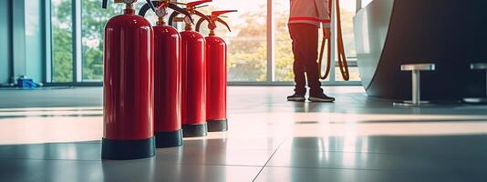 Photogenic Image of Four Fire Extinguisher on Floor and Closeup Man Standing Near Window in Interior Hall, Technology. photo
