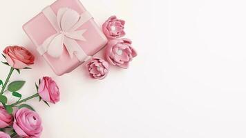 3D Render of Gift Box With Flowers Element On Pink Background. Mother's Day Concept. photo