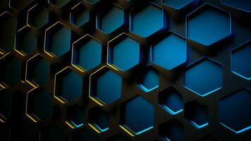 Golden Light Effect On Blue Abstract Hexagon Pattern Background. 3D Render. photo