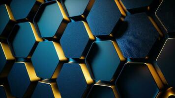 Blue And Golden Abstract Hexagon Pattern Background. 3D Render. photo