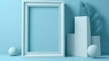 Scandinavian golden photo frame, indoor plants and decoratives against pastel blue walls.