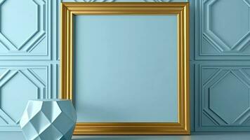 Scandinavian golden photo frame and decoratives against pastel blue walls.