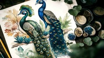 Watercolor Oil Painting, Pair of Peacock Sitting on Branch Between Leafs Tropical Rainforest, Flowers in the Background, Incredibly Detailed AI-Generated, Digital Illustration. photo
