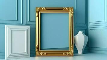 Scandinavian golden and white photo frames and decoratives against pastel blue walls.