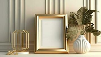 Scandinavian golden photo frame with indoor plants, and decoratives against grey walls.