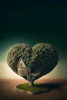 Concept of Heart-Shaped Green Tree House, Generative-AI Technology, Digital Illustration. photo