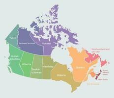 Map of Canada divided into 10 provinces and 3 territories. Administrative regions of Canada. Multicolored map with labels. Vector illustration.