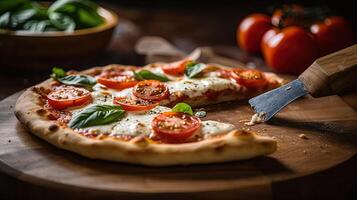 Delicious Margherita Pizza and Knife on Wooden Cutting Board, Food Photography. . photo