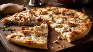 Delicious Chicken Pizza with Alfredo Sauce Topped on Wooden Cutting Board for Ready to Eat Concept, Food Photography. . photo