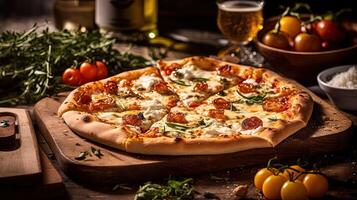 Homemade Baked Margherita or White Pizza with Bacon, Veggie on Wooden Cutting Board for Fast Food Ready To Eat Concept, Food Photography. . photo