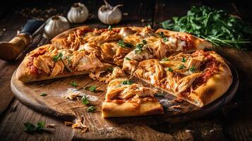 Delicous Homemade Buffalo Chicken Pizza on Wooden Cutting Board for Fast Food Concept, Food Photography. Template or Banner for Restaurant. . photo