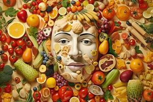 A Healthy Food Bunch of Fruit and Vegetable Forming A Enhanced Face Creative. . photo