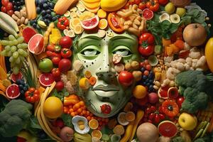 A Healthy Food Bunch of Fruit and Vegetable Forming A Enhanced Face Creative. . photo