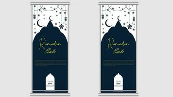 Ramadán rebaja rodar arriba bandera plantilla, verticalmente soporte, moderno, creativo, promoción, publicidad, enrollar, islámico. web bandera vector