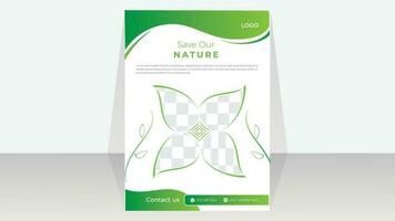Modern simple abstract eco flyer A4 vector template for print,brochure, magazine cover template. poster, green leaf, environment .