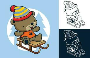 Vector illustration of cute bear wearing winter hat rides on sledge