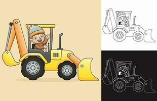 Vector cartoon of boy on backhoe loader. Coloring book or page