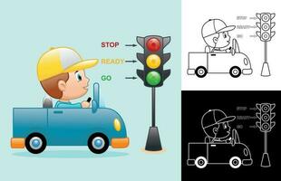 Vector cartoon of boy on car with traffic light