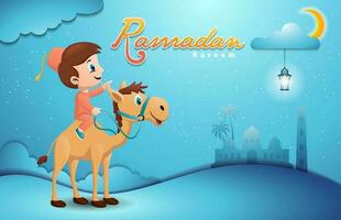 Boy Moslem riding on camel at Ramadan month, Ramadan kareem elements vector