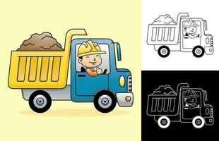 Vector cartoon of dump truck with happy driver