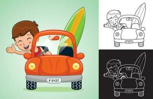 Vector cartoon of little boy on car with surfboard