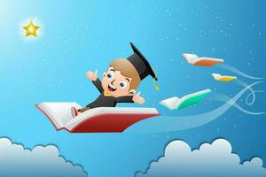 Boy cartoon in scholar costume flying on book with other books chasing golden star in the sky vector