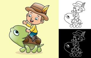 Vector cartoon of little boy wearing cowboy hat riding on giant turtle. Coloring book or page