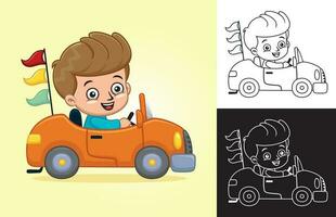 Vector cartoon of little boy on car carrying flags