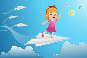 dibujos animados de pequeño niña volador en papel avión tratar a alcanzar vistoso estrellas en el cielo vector
