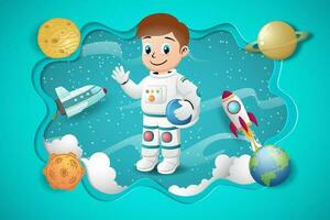 dibujos animados de pequeño chico astronauta con astronave y planetas, espacio elementos ilustración vector