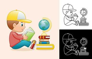 Vector cartoon of boy sitting on floor while reading book with globe on pile of books