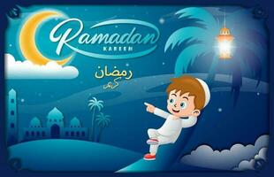 Moslem boy lying down on palm tree at Ramadan night, vector cartoon illustration