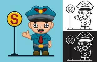 Vector illustration of cartoon little boy in police uniform with traffic sign