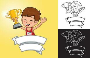 Vector cartoon of little boy holding trophy on ribbon decoration