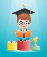 Boy cartoon in graduated costume reading book on podium with trophy and diploma vector