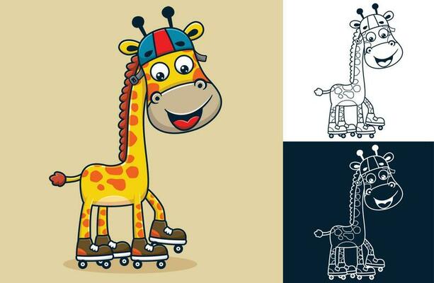 Vector illustration of cartoon funny giraffe playing roller skate