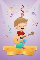 Cartoon of boy playing guitar on stage with colorful ribbons vector