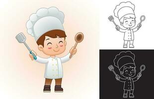 Vector cartoon of boy in chef uniform holding spoon and spatula. Coloring book or page