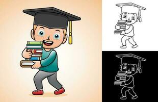 Vector cartoon of a boy carrying pile of books. Coloring book or page