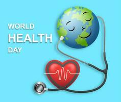 World health day concept. Vector illustration of globe earth and red heart with stethoscope