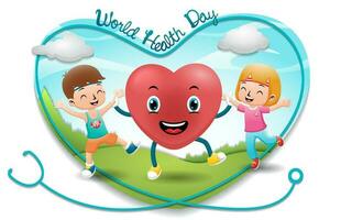 Kids cartoon dancing with funny heart on nature background in stethoscope frame border, world health day vector