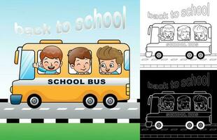 Vector cartoon of funny students on school bus. Coloring book or page
