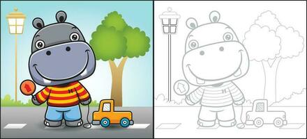 Vector cartoon of cute hippo carrying road sign while pulling car toy in road. Coloring book or page