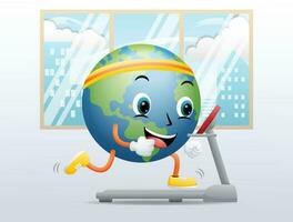 Funny globe cartoon running on treadmill vector