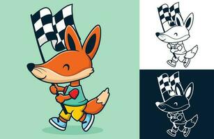 Vector illustration of cute fox cartoon carrying checkered flag