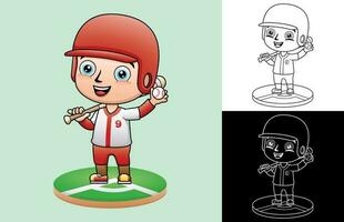 Vector cartoon of little boy in baseball uniform with baseball bat and ball