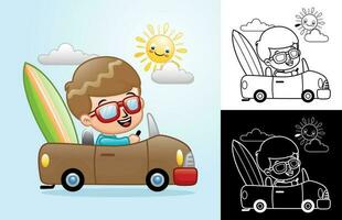 Vector cartoon of a boy riding car carrying surfboard at summer holiday