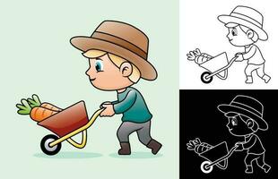 Vector cartoon of young boy farmer carrying big carrot using wheelbarrow