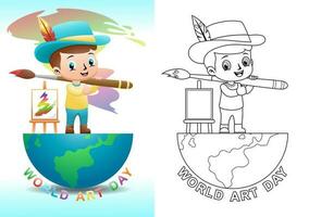 Kids painter cartoon holding big brush with canvas standing on half globe vector